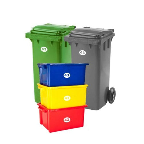 SET OF 5 Wheelie Bin Box Crate Number and Letter Stickers