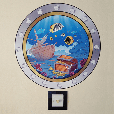 Sunken Pirate Ship and Treasure with Tropical Fish Porthole Wall Sticker Art
