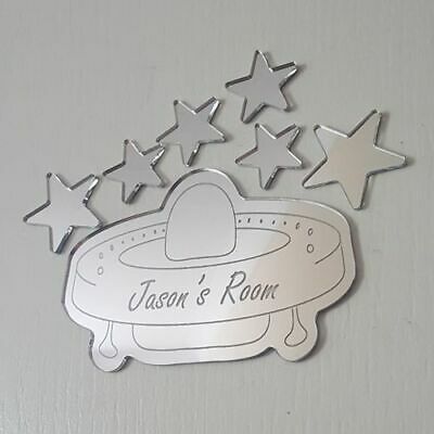 Personalised Space ship Stars Mirror Door Name Plaque Girl Boy Bedroom Room Sign